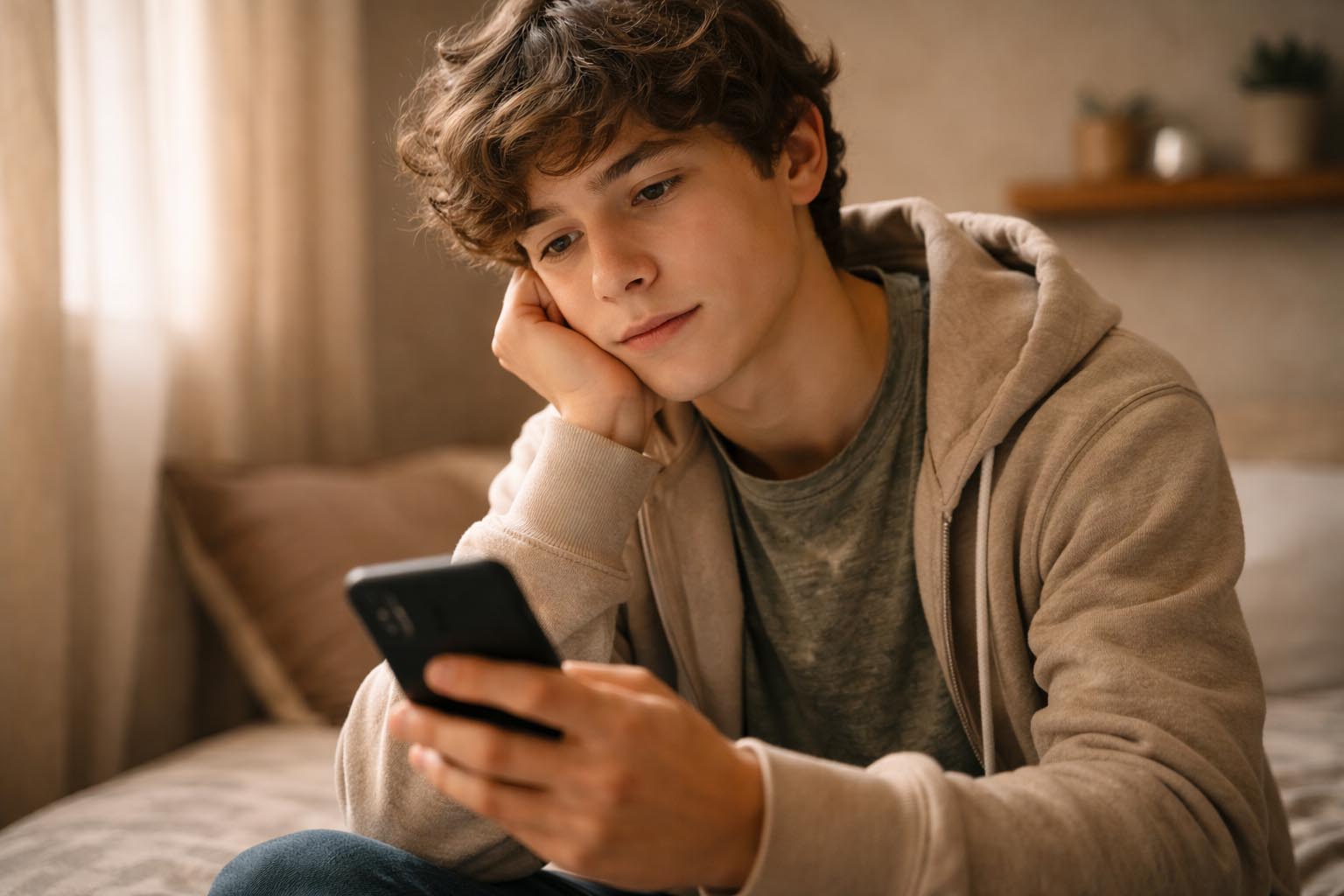 Teen looking at social media on phone, impact on mental health