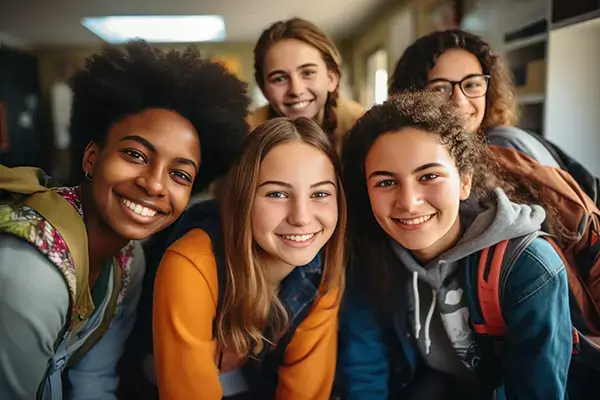 Group of smiling teenagers at school in Westlake Village, CA, representing the positive outcomes of teen therapy programs in the area
